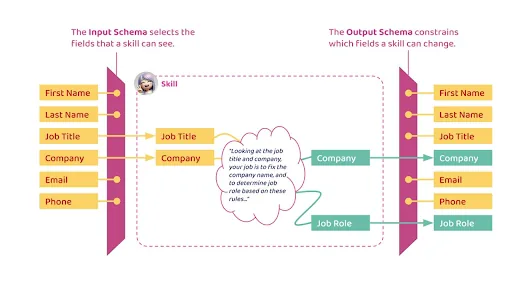 Diagram showing how an input schema limits the fields a skill can see and an output schema constrains the fields it can change