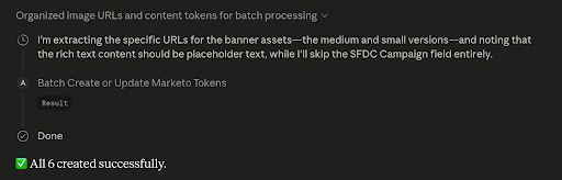 Claude thread showing organized image URLs and content tokens for batch processing, with a successful result of 6 created
