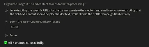 Claude thread showing organized image URLs and content tokens for batch processing, with a successful result of 6 created