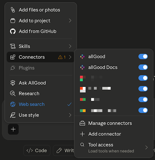 Claude connectors menu showing allGood, allGood Docs, and other connectors with toggle switches