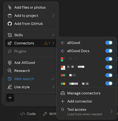 Claude connectors menu showing allGood Docs, and other connectors with toggle switches