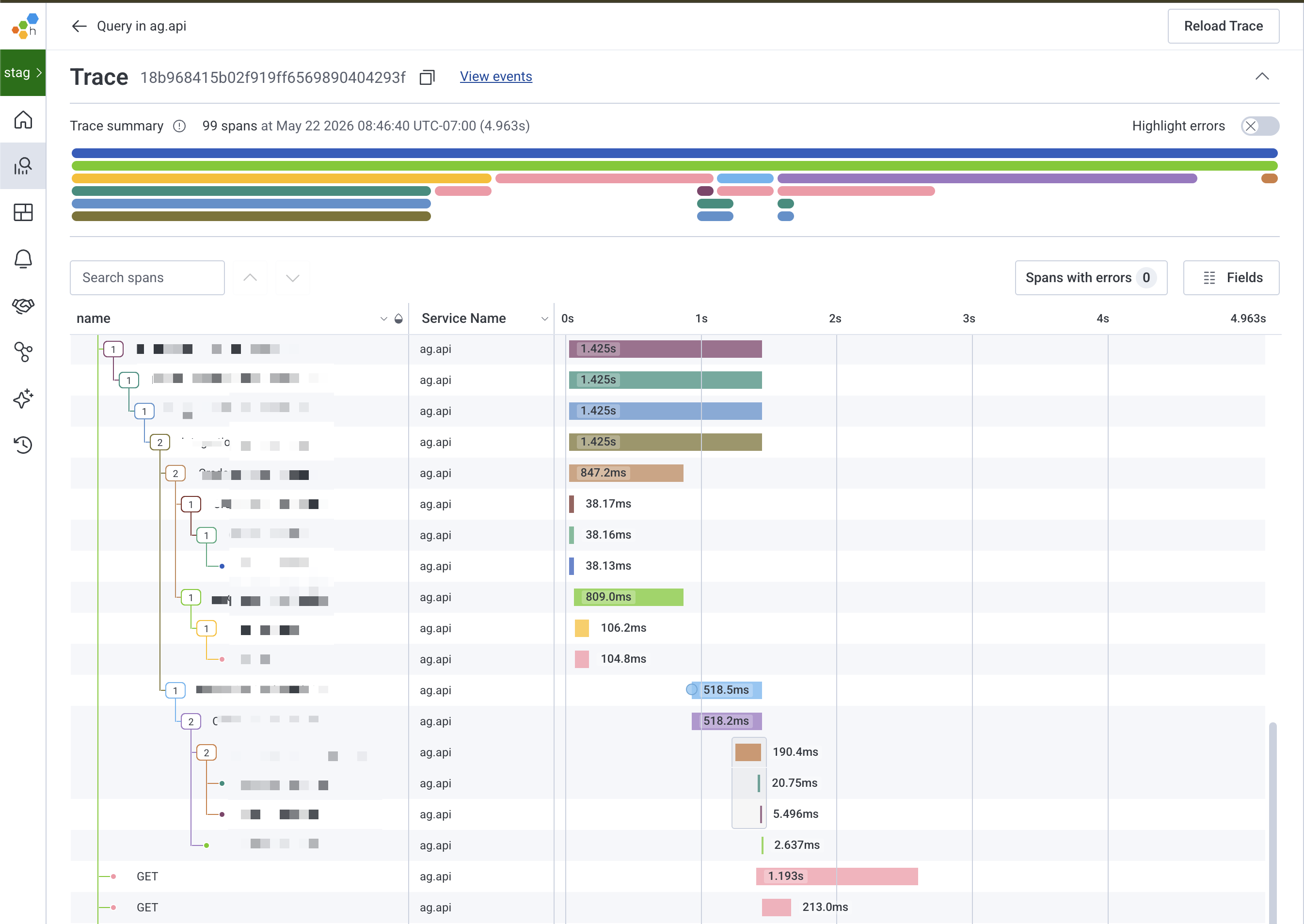 A Honeycomb trace view of a multi-step agent run, with each tool call, prompt, and decision laid out as a span on the timeline