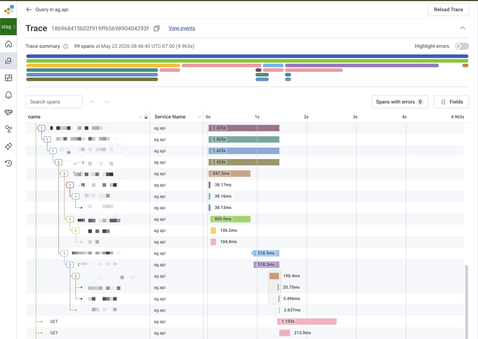 A Honeycomb trace view of a multi-step agent run, with each tool call, prompt, and decision laid out as a span on the timeline