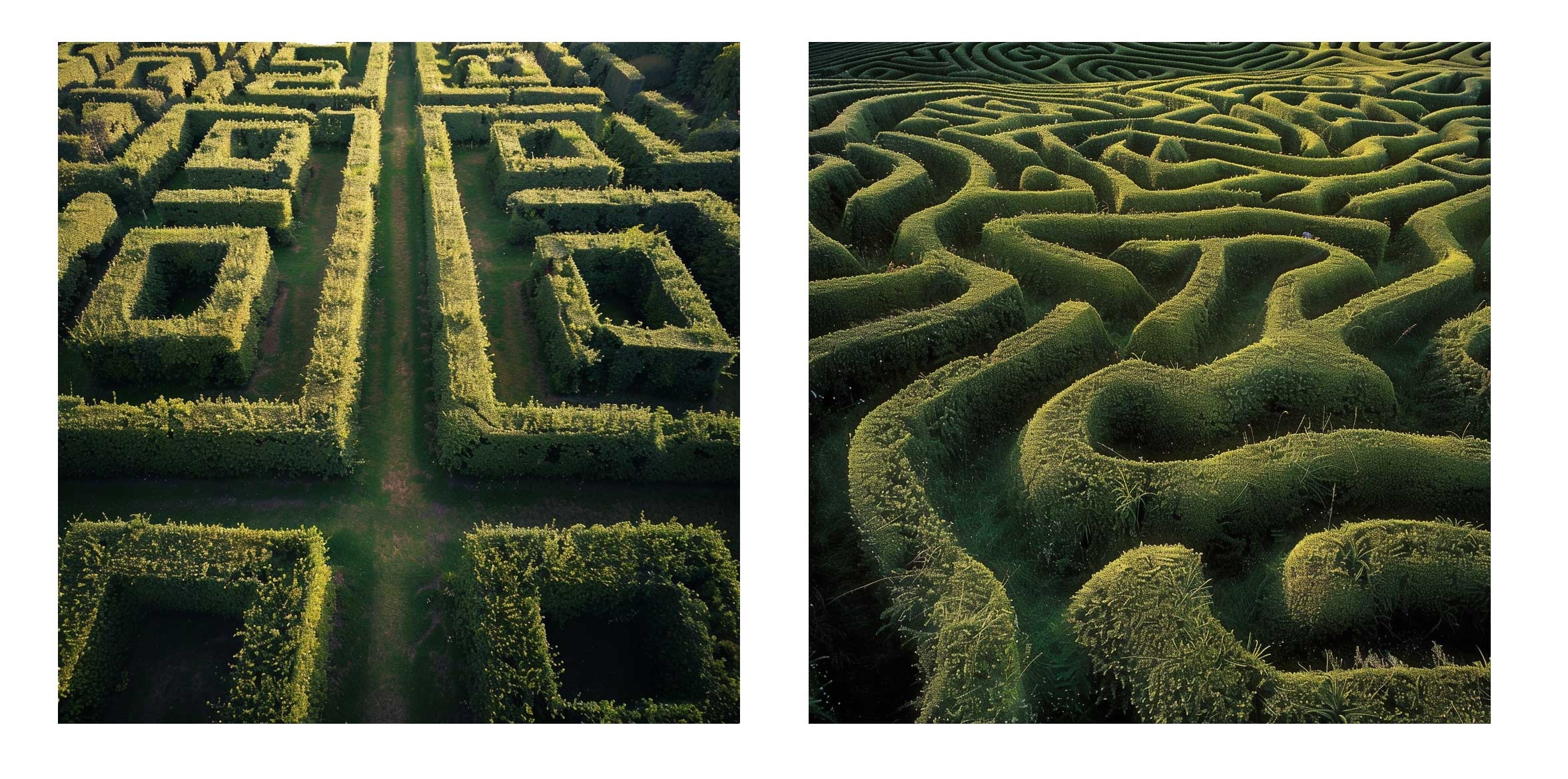 Marketing's perception of the buyer journey on the left -- a maze with a straight path to the end -- versus the actual buyer journey on the right, a maze with complex twists and turns