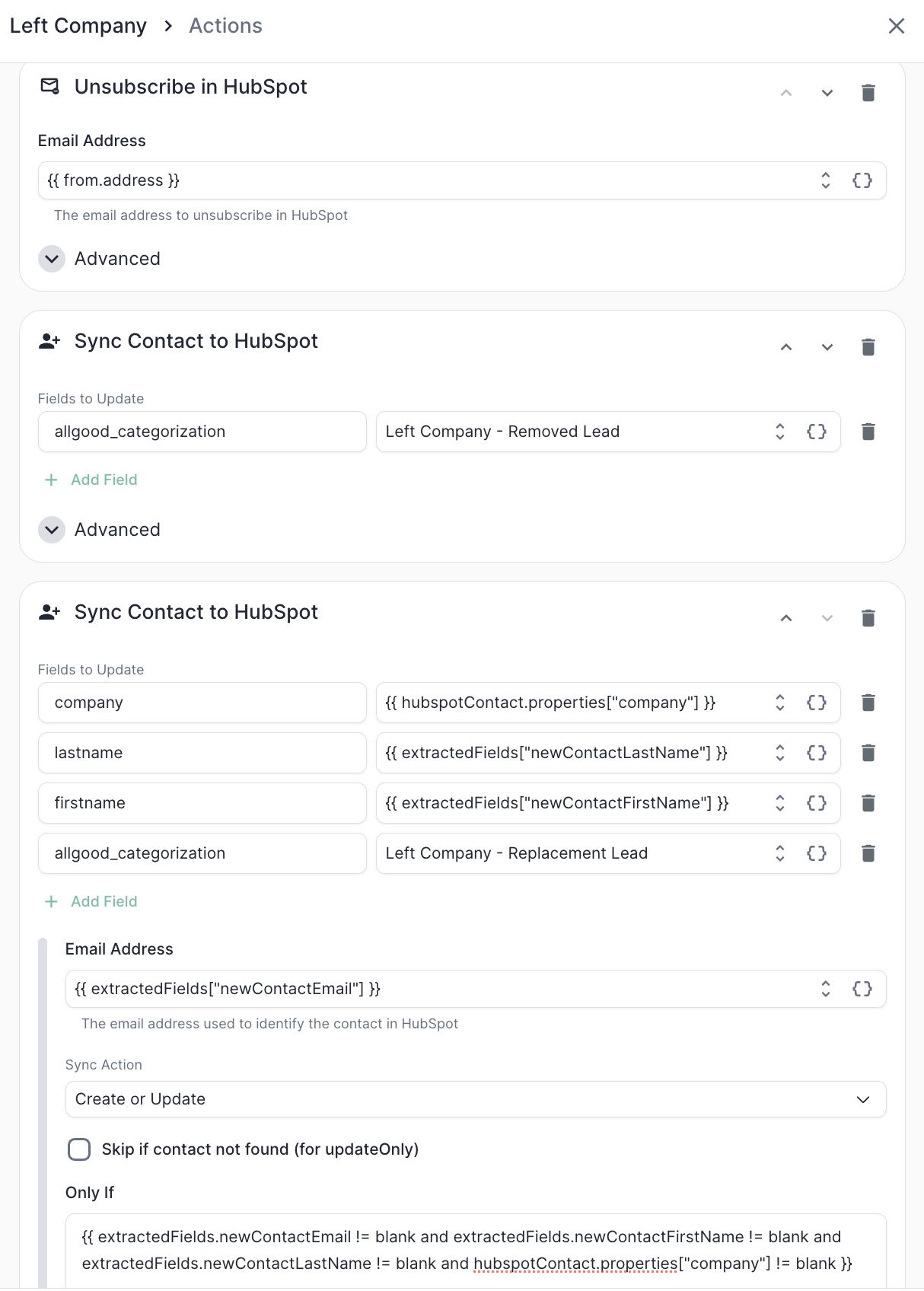The Left Company actions in ERM: unsubscribe the old contact, mark them removed, and create the replacement contact only when the required fields are present.