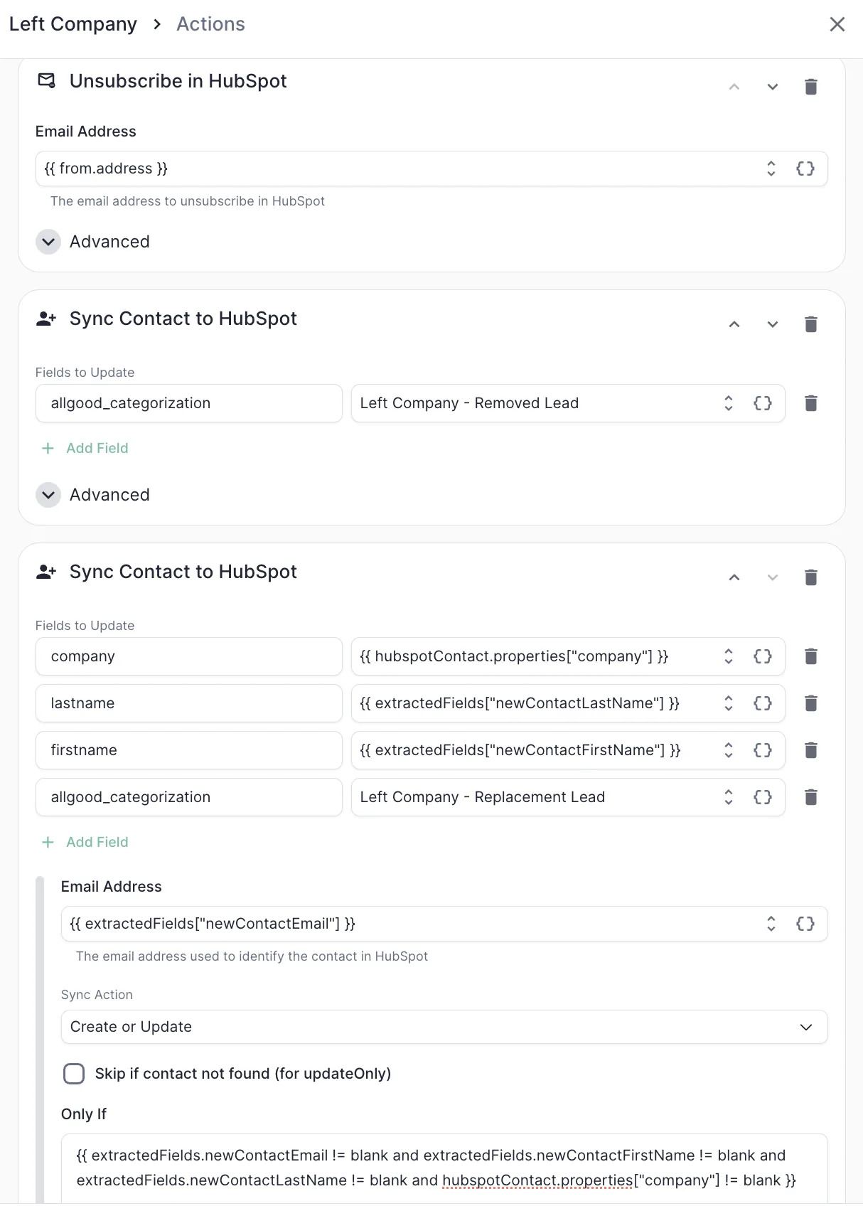 The Left Company actions in ERM: unsubscribe the old contact, mark them removed, and create the replacement contact only when the required fields are present.