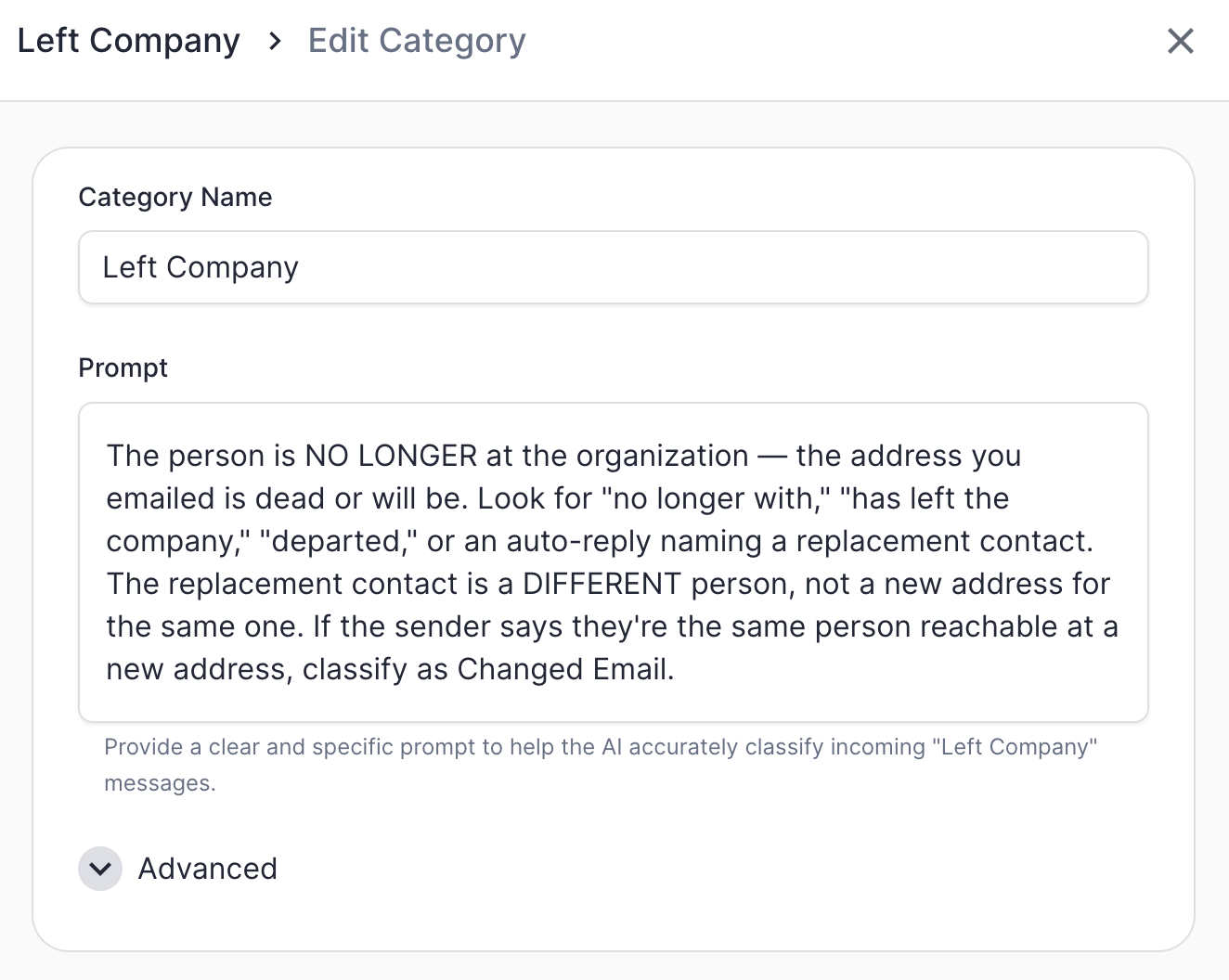 The "Left Company" category in ERM, with a prompt that hands off to Changed Email when it's the same person at a new address.