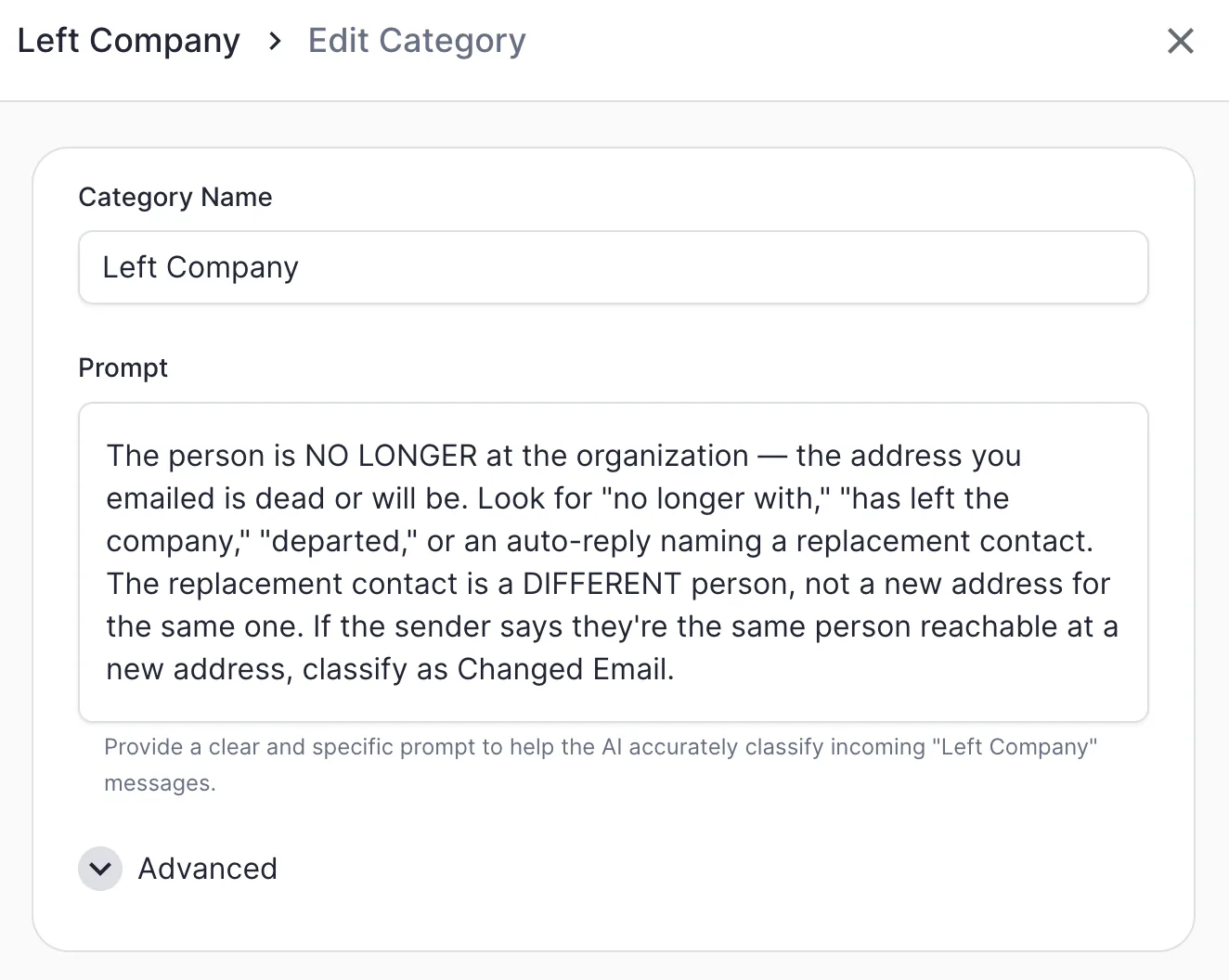 The "Left Company" category in ERM, with a prompt that hands off to Changed Email when it's the same person at a new address.