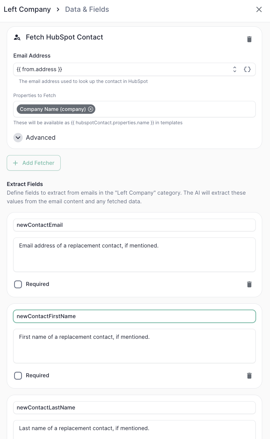 Fetching the HubSpot contact's company and defining the replacement-contact extraction fields on Left Company.