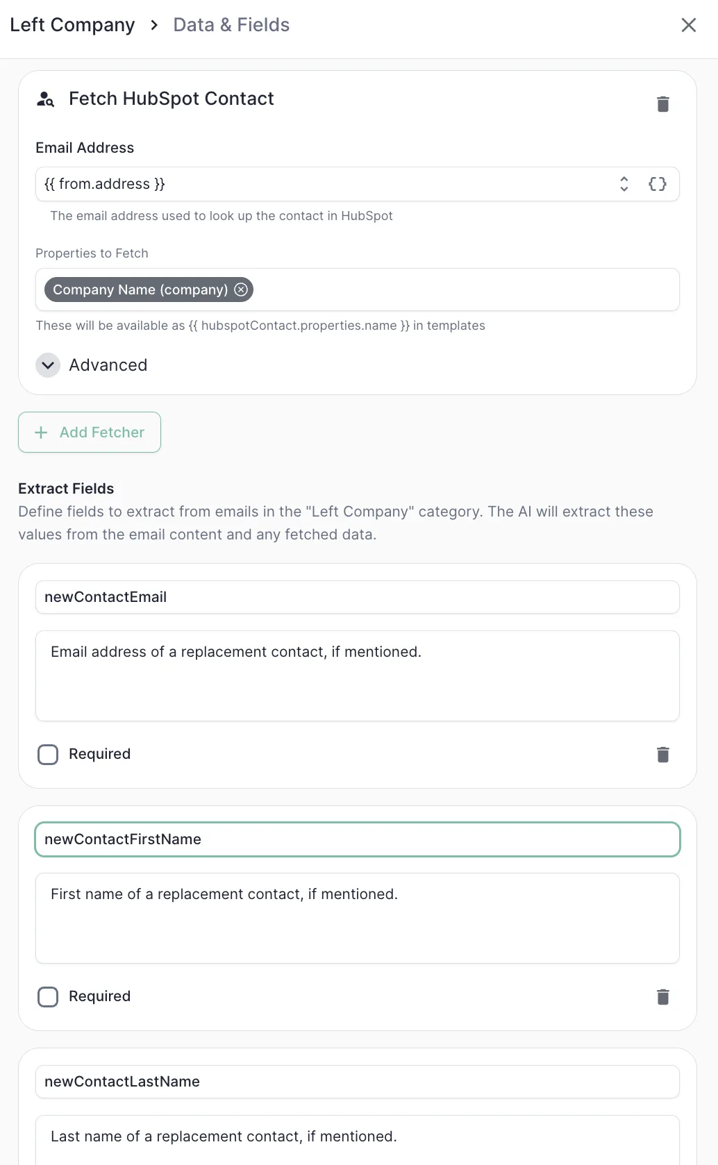 Fetching the HubSpot contact's company and defining the replacement-contact extraction fields on Left Company.
