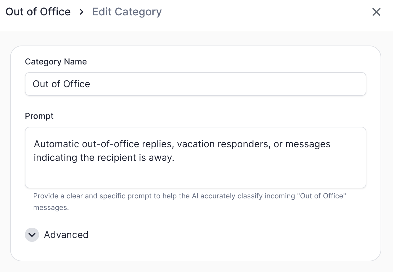 The "Out of Office" category in ERM, with its classification prompt.