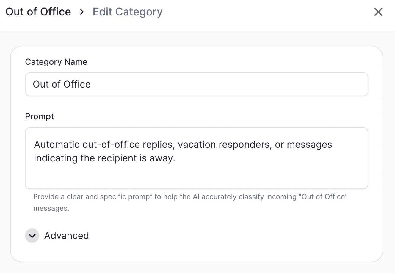 The "Out of Office" category in ERM, with its classification prompt.
