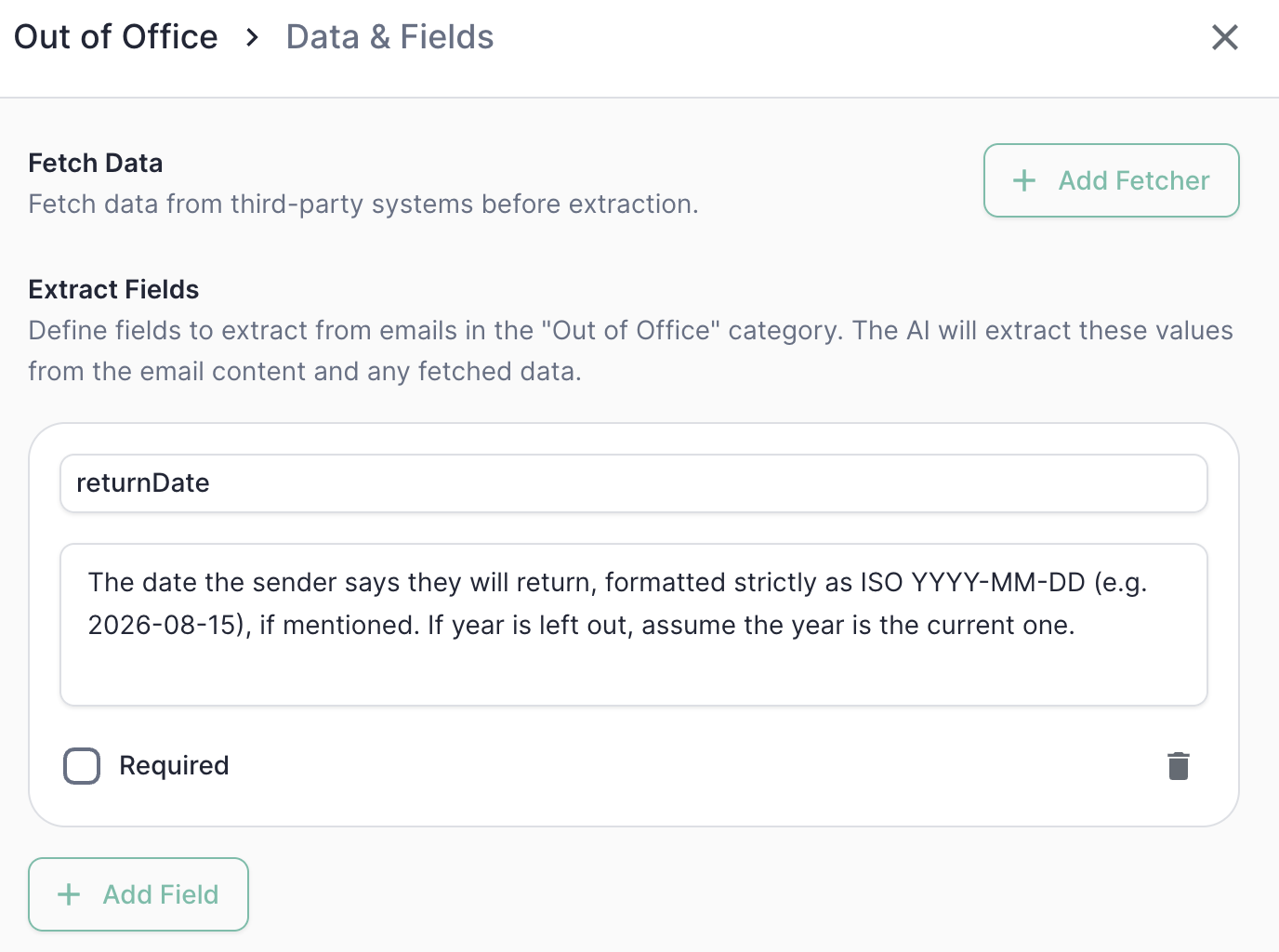 Defining the returnDate extraction field on the Out of Office category in ERM.