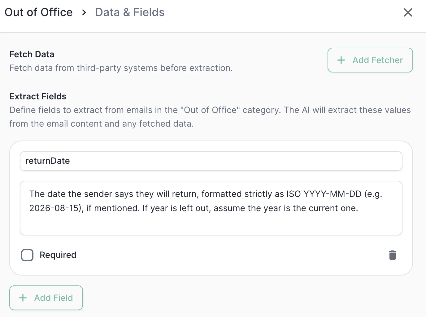 Defining the returnDate extraction field on the Out of Office category in ERM.