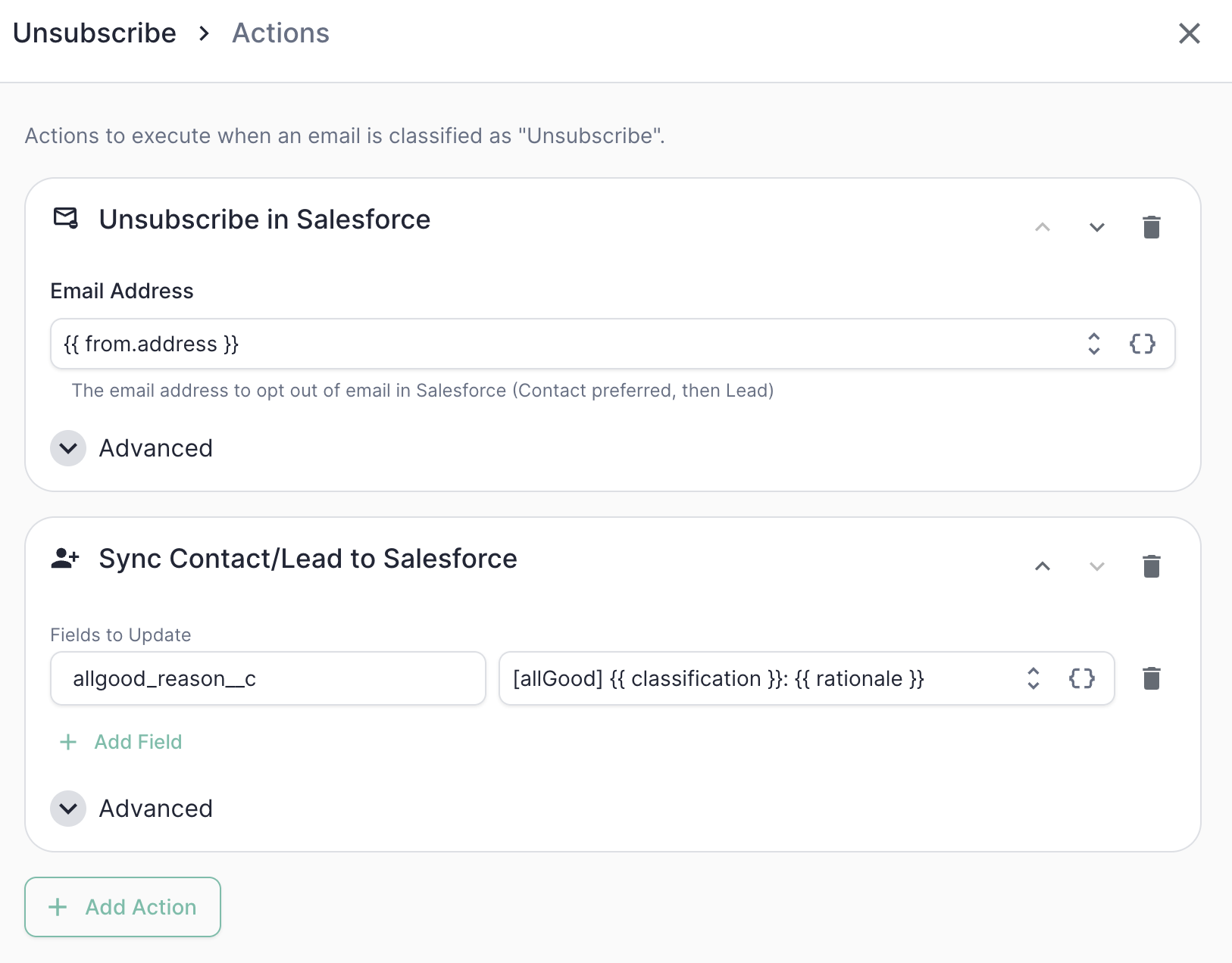 The Unsubscribe actions in ERM: opt the contact out in Salesforce and write the classification and rationale to a custom reason field.