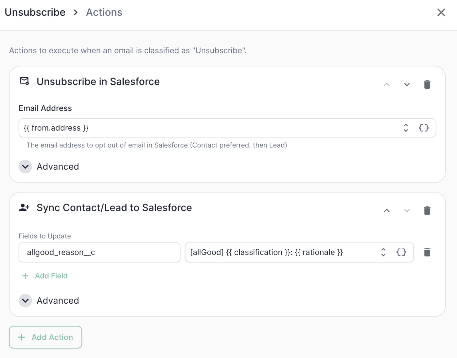 The Unsubscribe actions in ERM: opt the contact out in Salesforce and write the classification and rationale to a custom reason field.