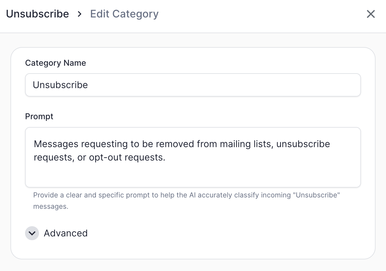 The "Unsubscribe" category in ERM, with its classification prompt.