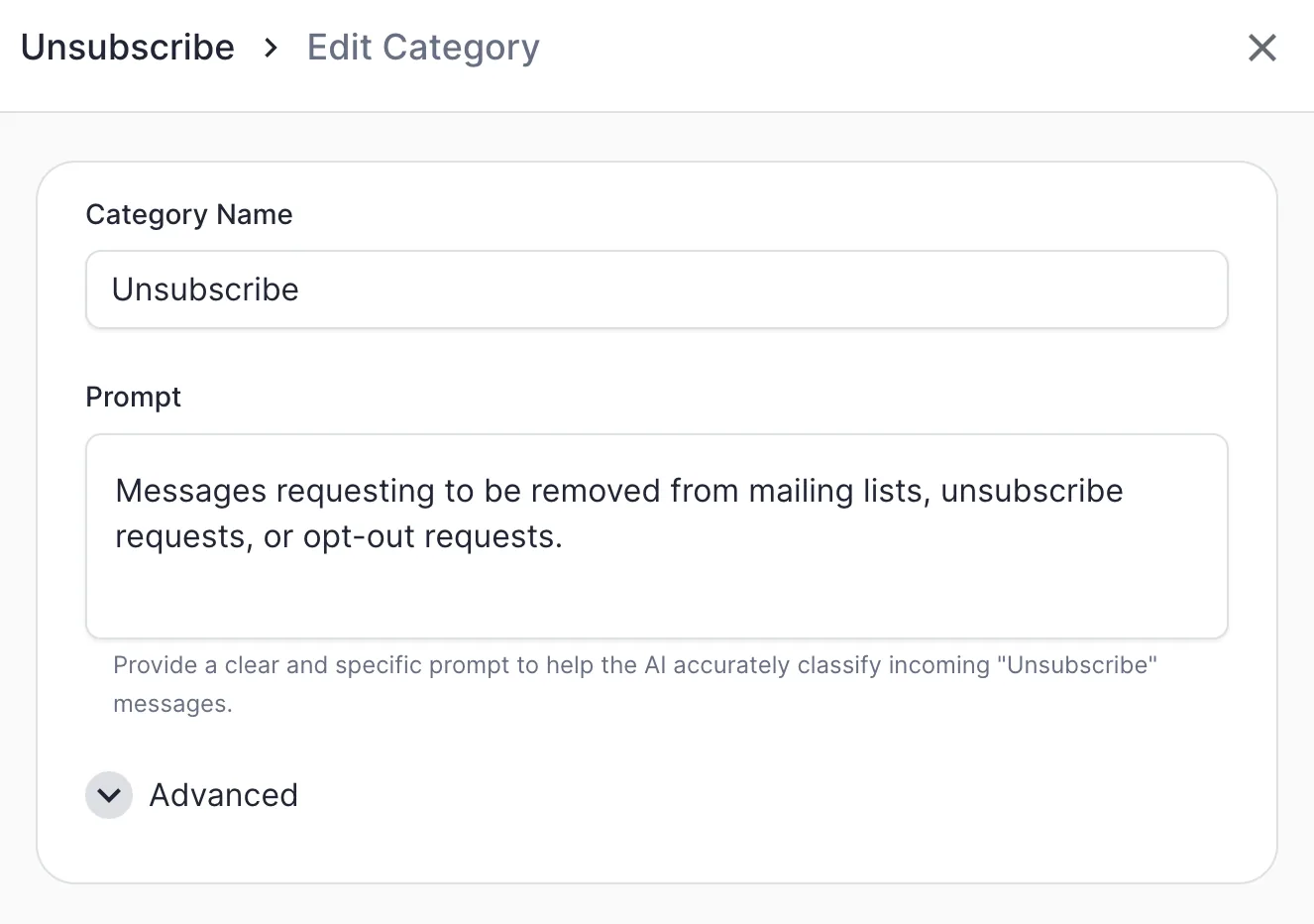 The "Unsubscribe" category in ERM, with its classification prompt.