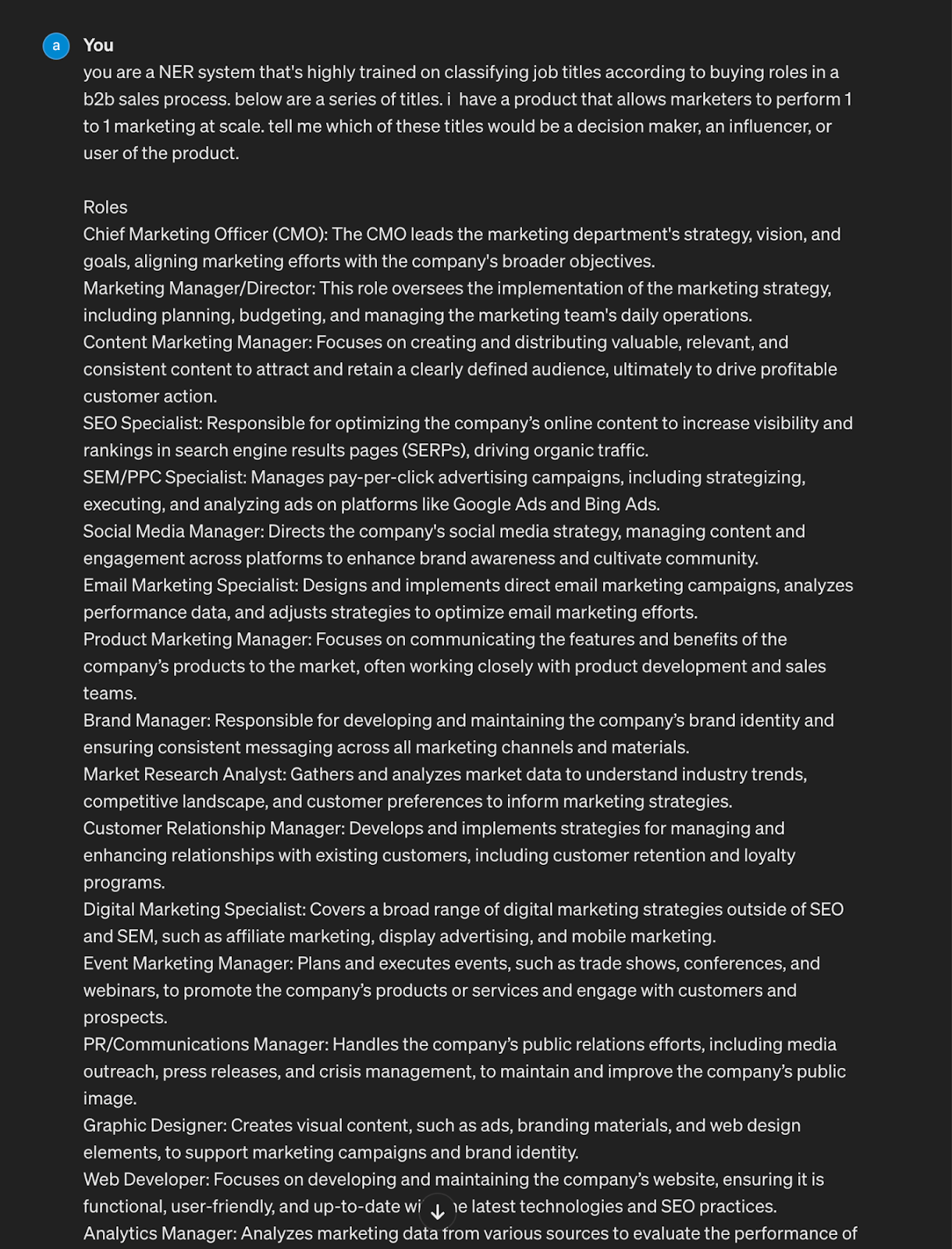 ChatGPT categorizing marketing roles into decision maker, user, and influencer