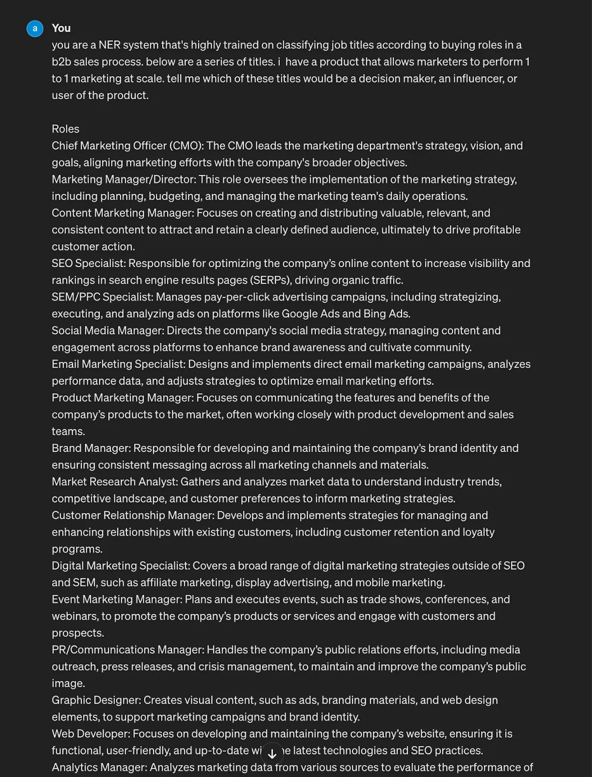 ChatGPT categorizing marketing roles into decision maker, user, and influencer