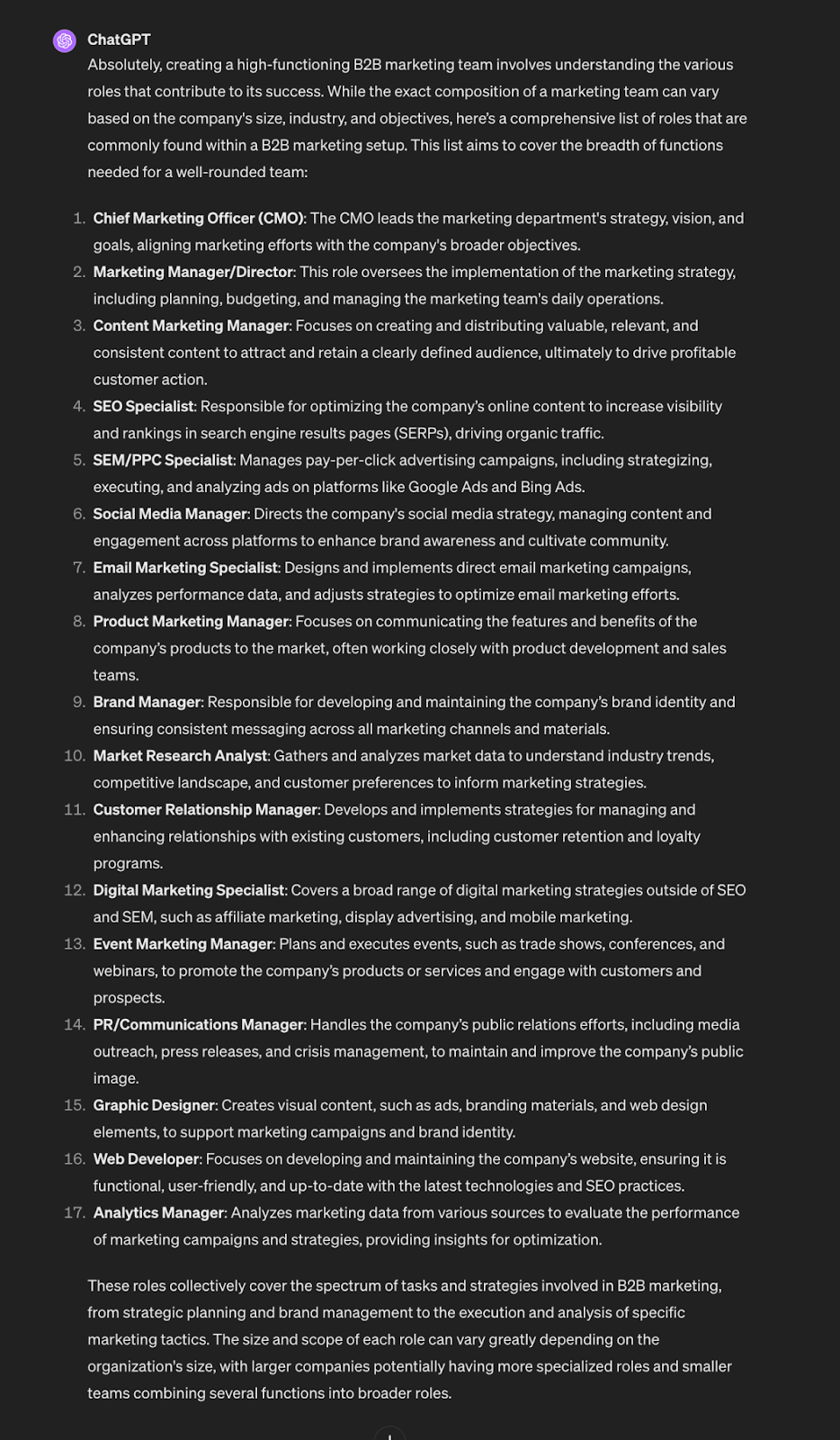 ChatGPT continuing the list of marketing roles