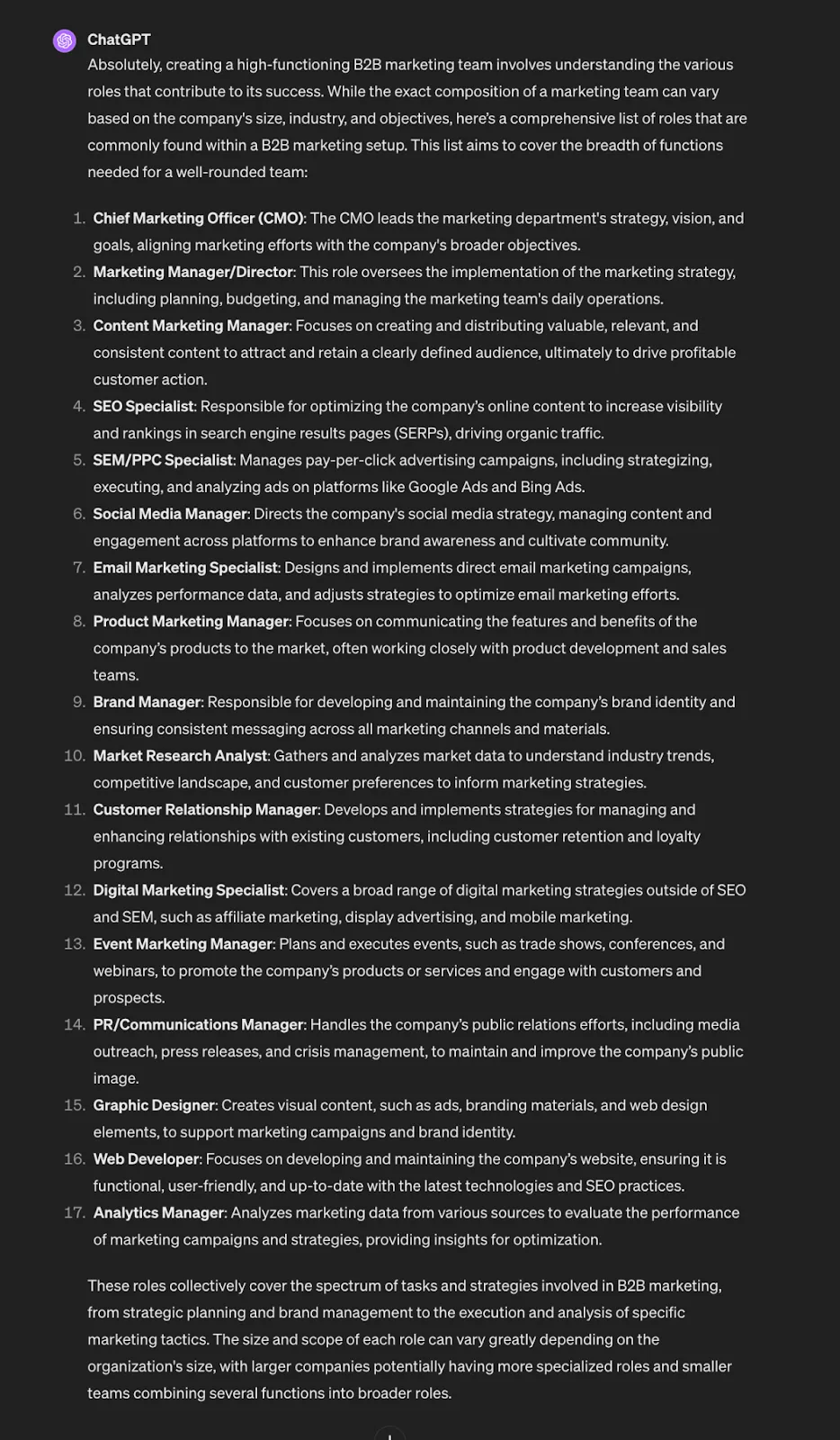 ChatGPT continuing the list of marketing roles