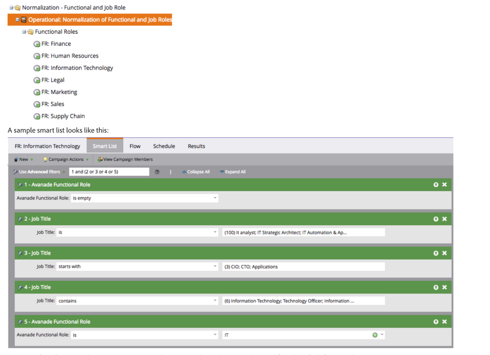 Marketo smart list filtering leads by job title keyword matching