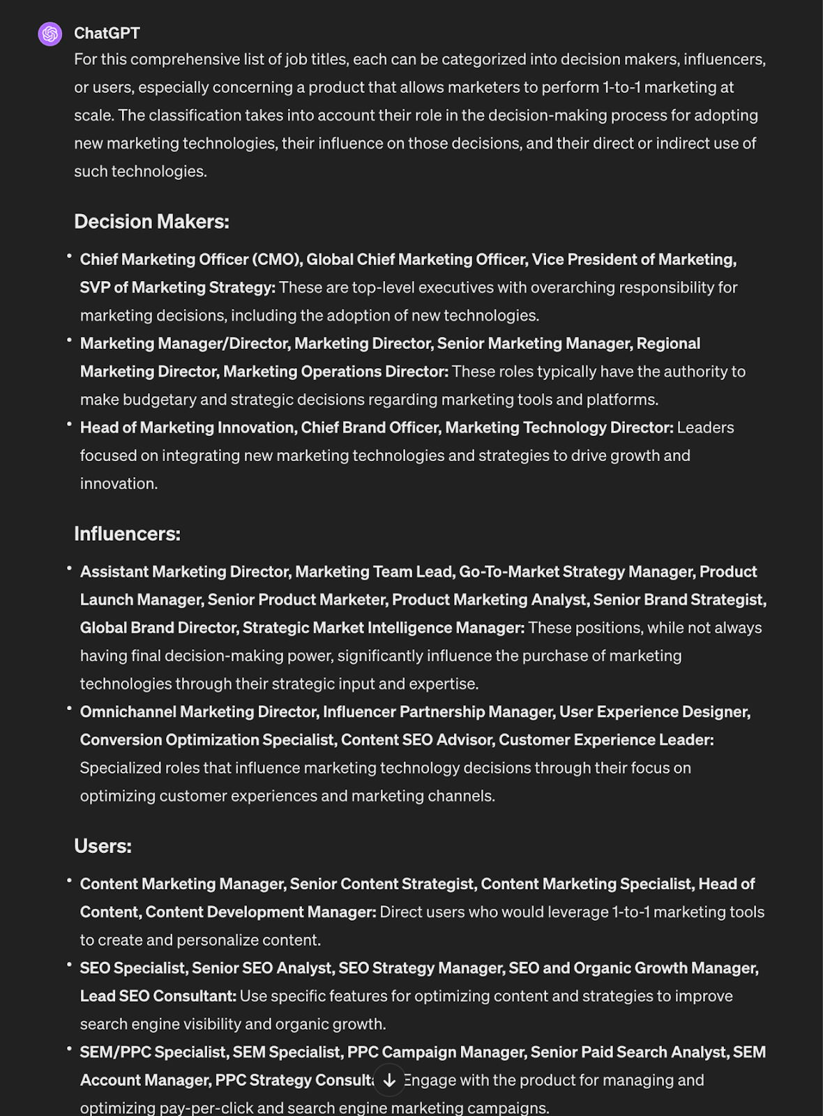 Final classification results showing AI-assigned persona categories