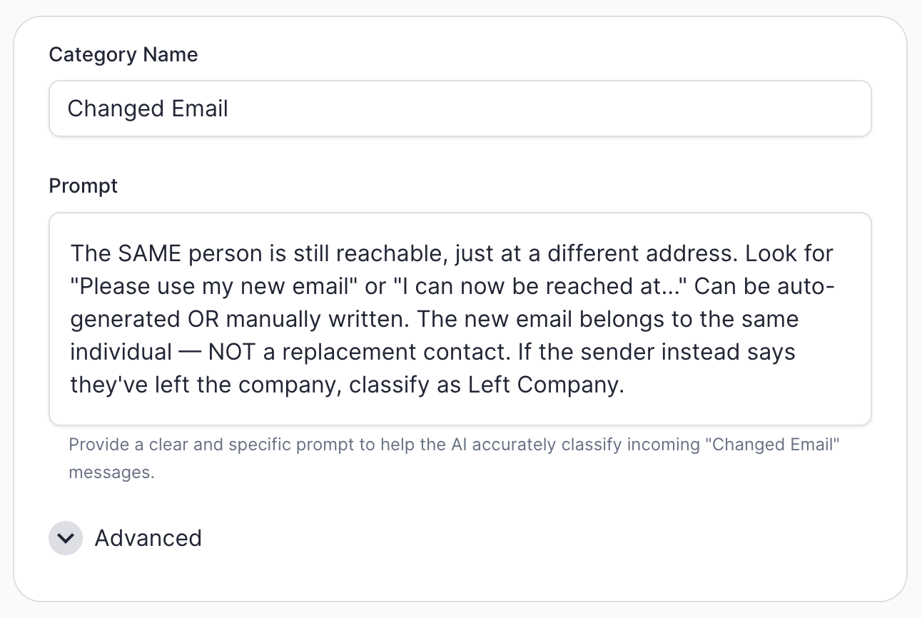 The "Changed Email" category in ERM — the prompt defines it as the same person reachable at a different address, and hands off to Left Company if the sender has left.