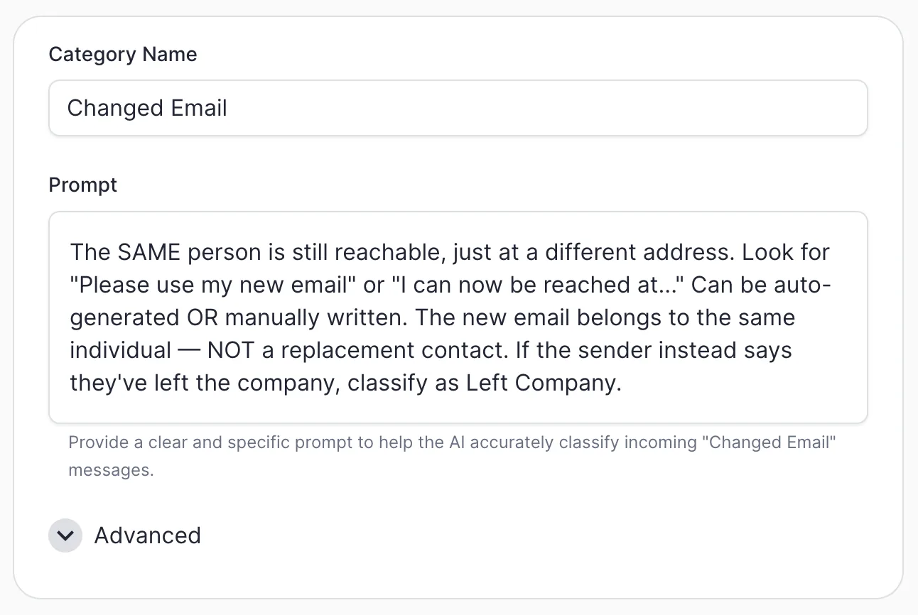 The "Changed Email" category in ERM: the prompt defines it as the same person reachable at a different address, and hands off to Left Company if the sender has left.