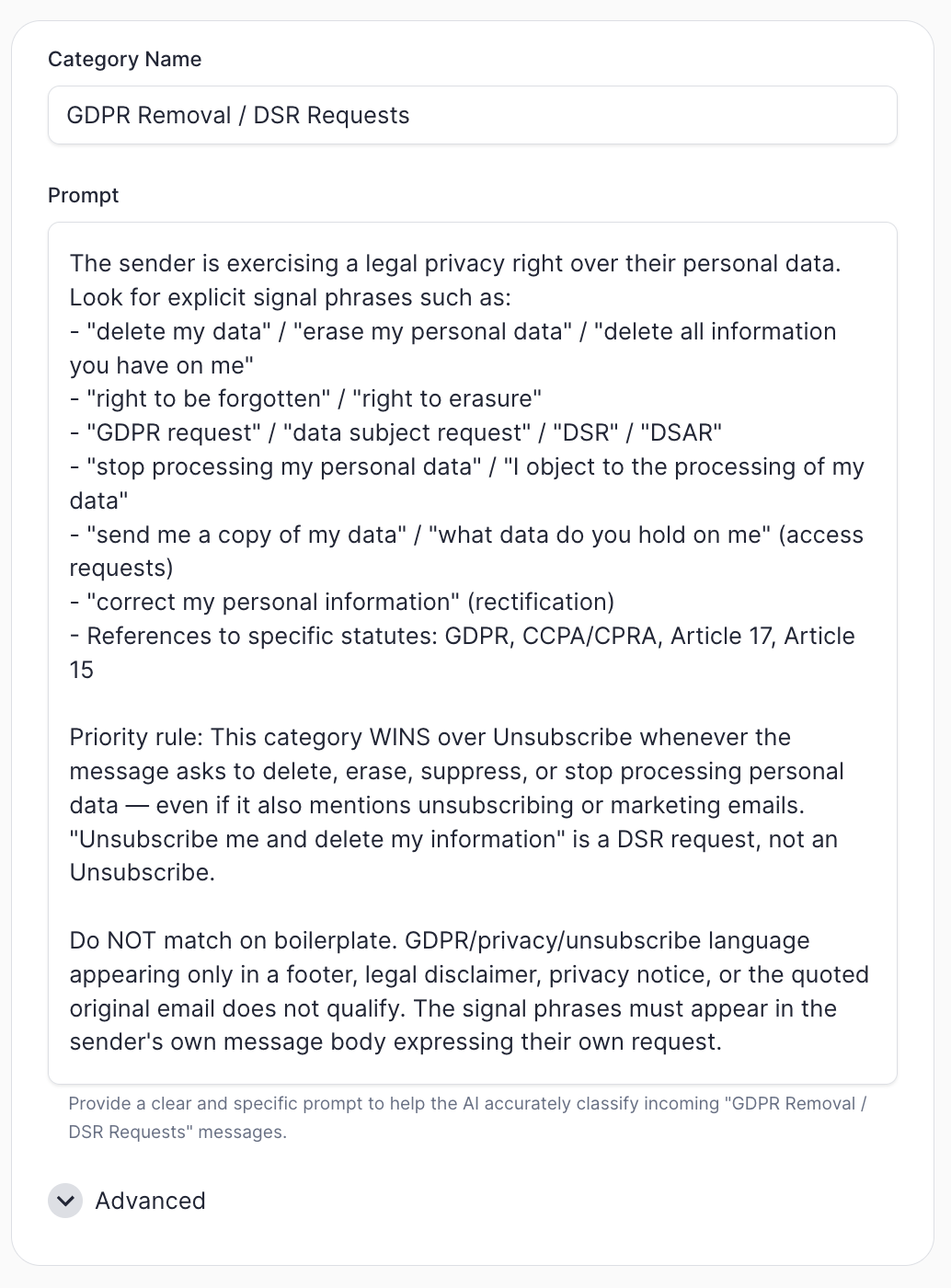 The "GDPR Removal / DSR Requests" category in ERM — the prompt lists concrete signal phrases to scan for, a priority rule that wins over Unsubscribe, and a boilerplate exclusion.