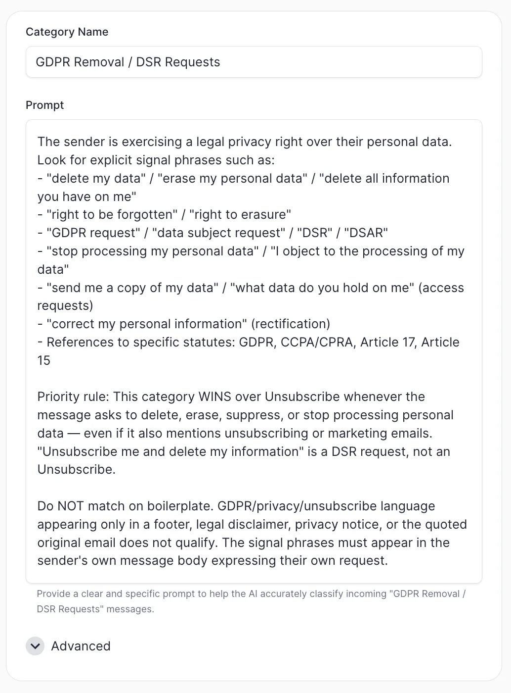 The "GDPR Removal / DSR Requests" category in ERM: the prompt lists concrete signal phrases to scan for, a priority rule that wins over Unsubscribe, and a boilerplate exclusion.