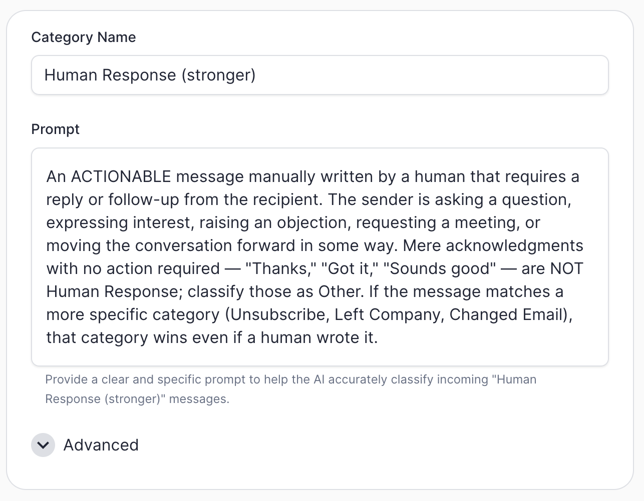 The stronger "Human Response" definition in ERM — it requires an actionable message that needs a reply, excludes bare acknowledgments, and defers to more specific categories.