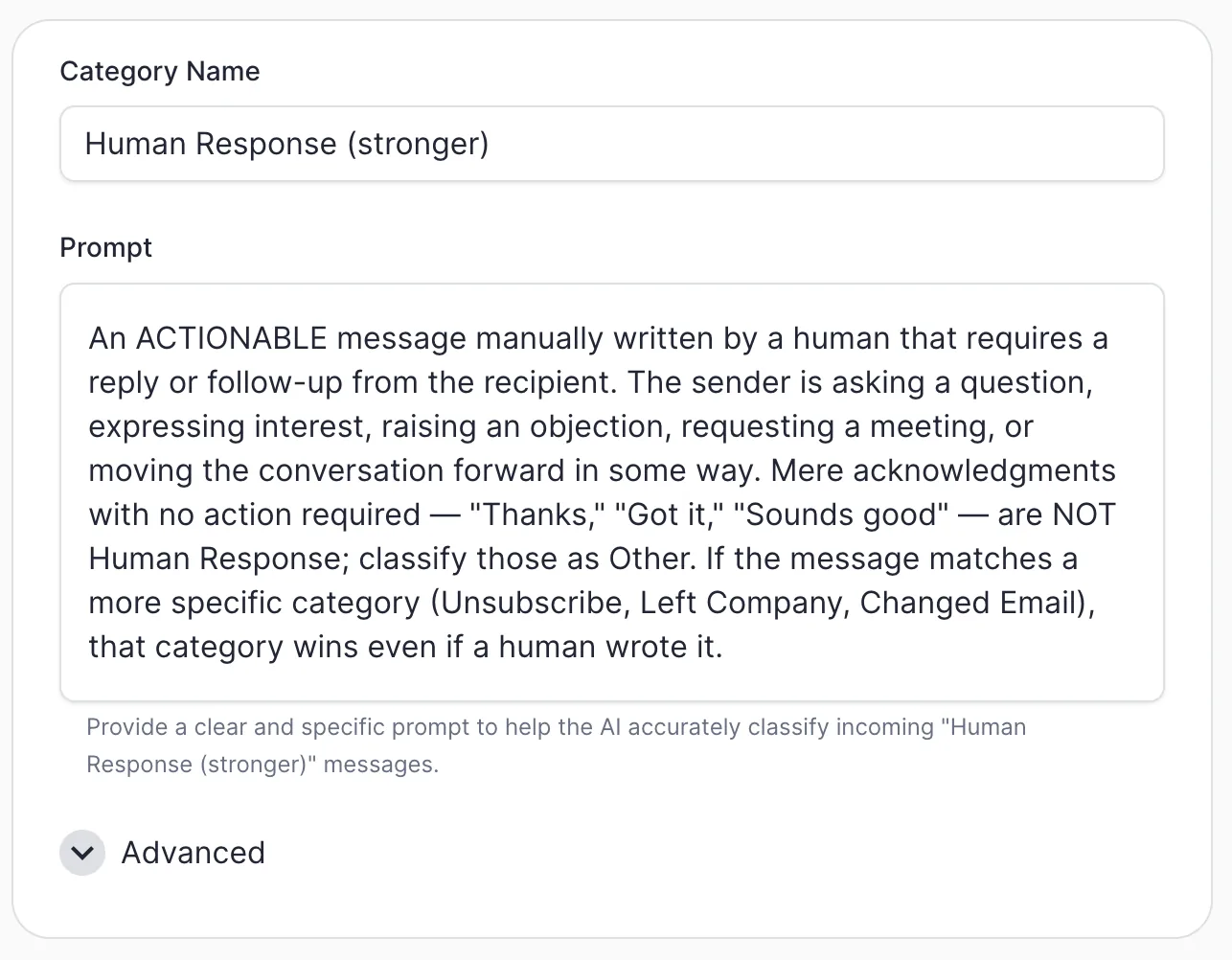 The stronger "Human Response" definition in ERM: it requires an actionable message that needs a reply, excludes bare acknowledgments, and defers to more specific categories.