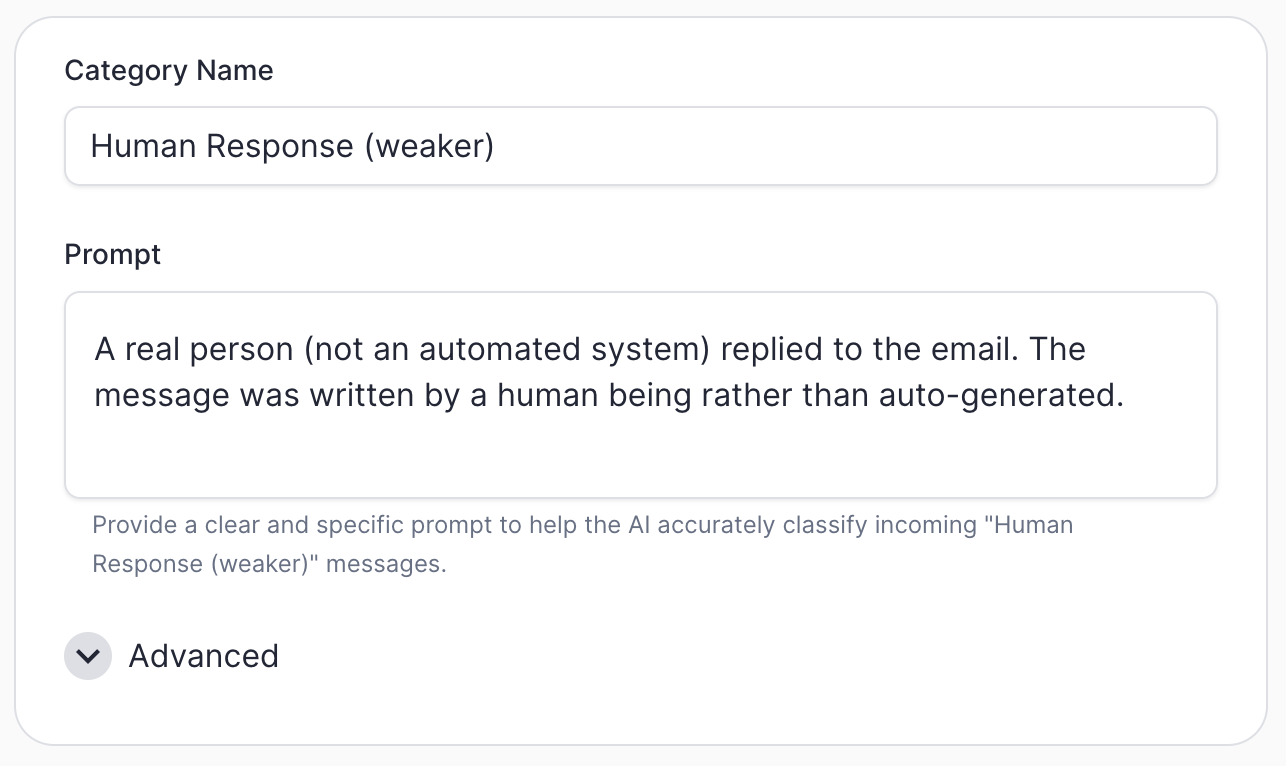 The weaker "Human Response" definition in ERM — it only says a real person, not an automated system, wrote the message.