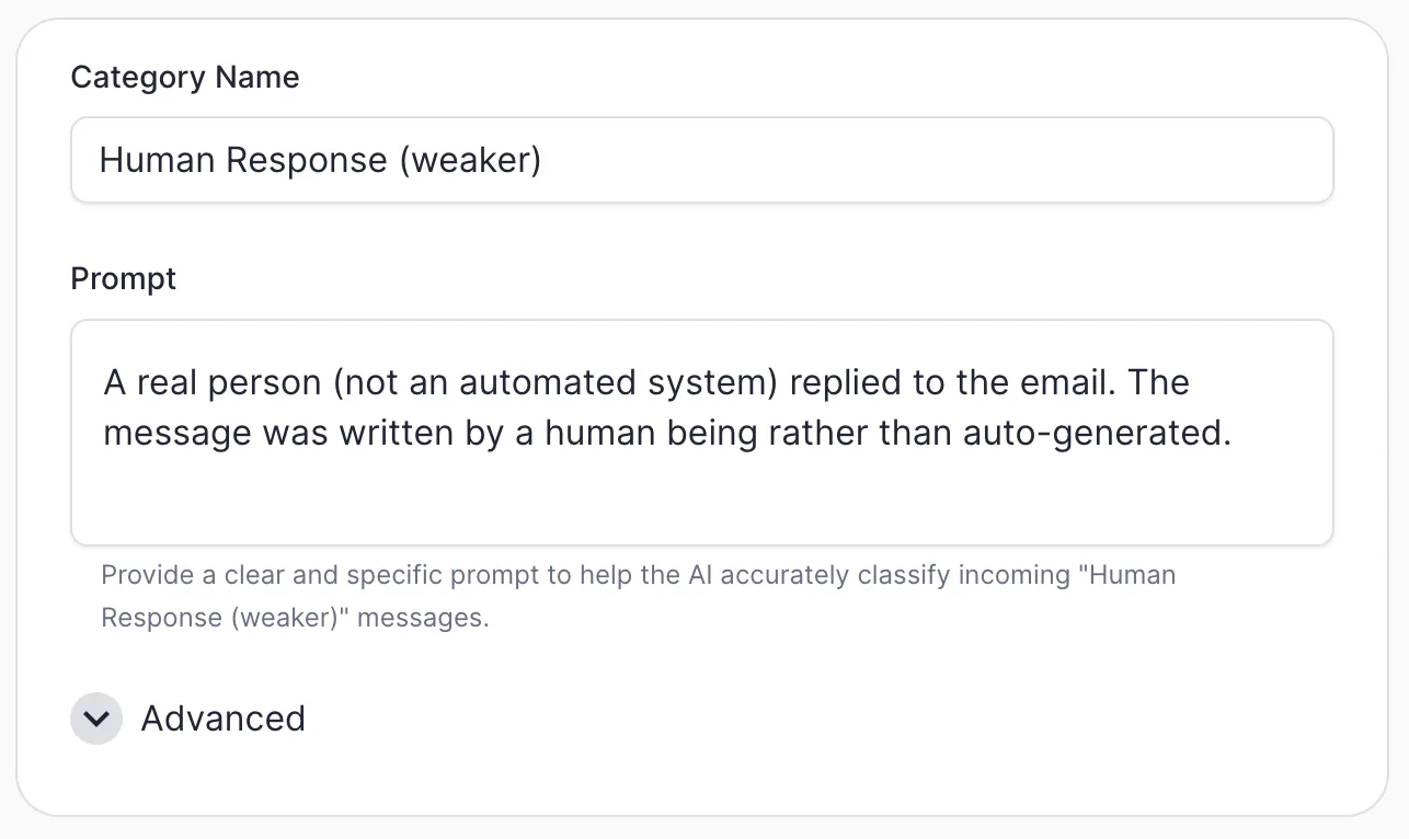 The weaker "Human Response" definition in ERM: it only says a real person, not an automated system, wrote the message.