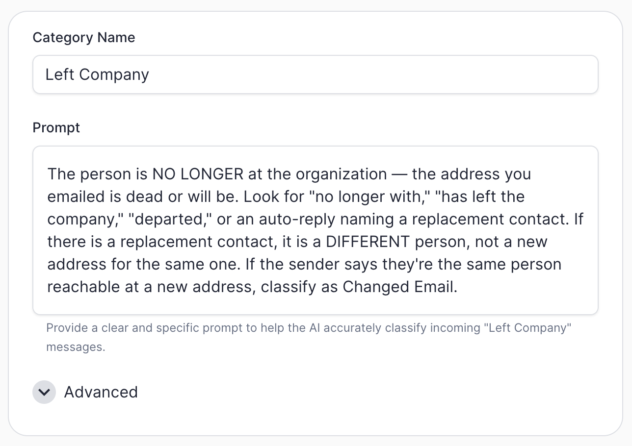 The "Left Company" category in ERM — the prompt defines it as the person no longer being at the organization, and hands off to Changed Email if it's the same person at a new address.