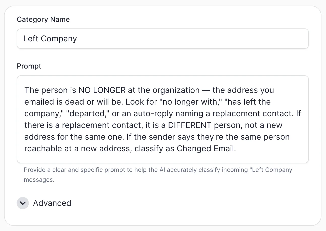The "Left Company" category in ERM: the prompt defines it as the person no longer being at the organization, and hands off to Changed Email if it's the same person at a new address.