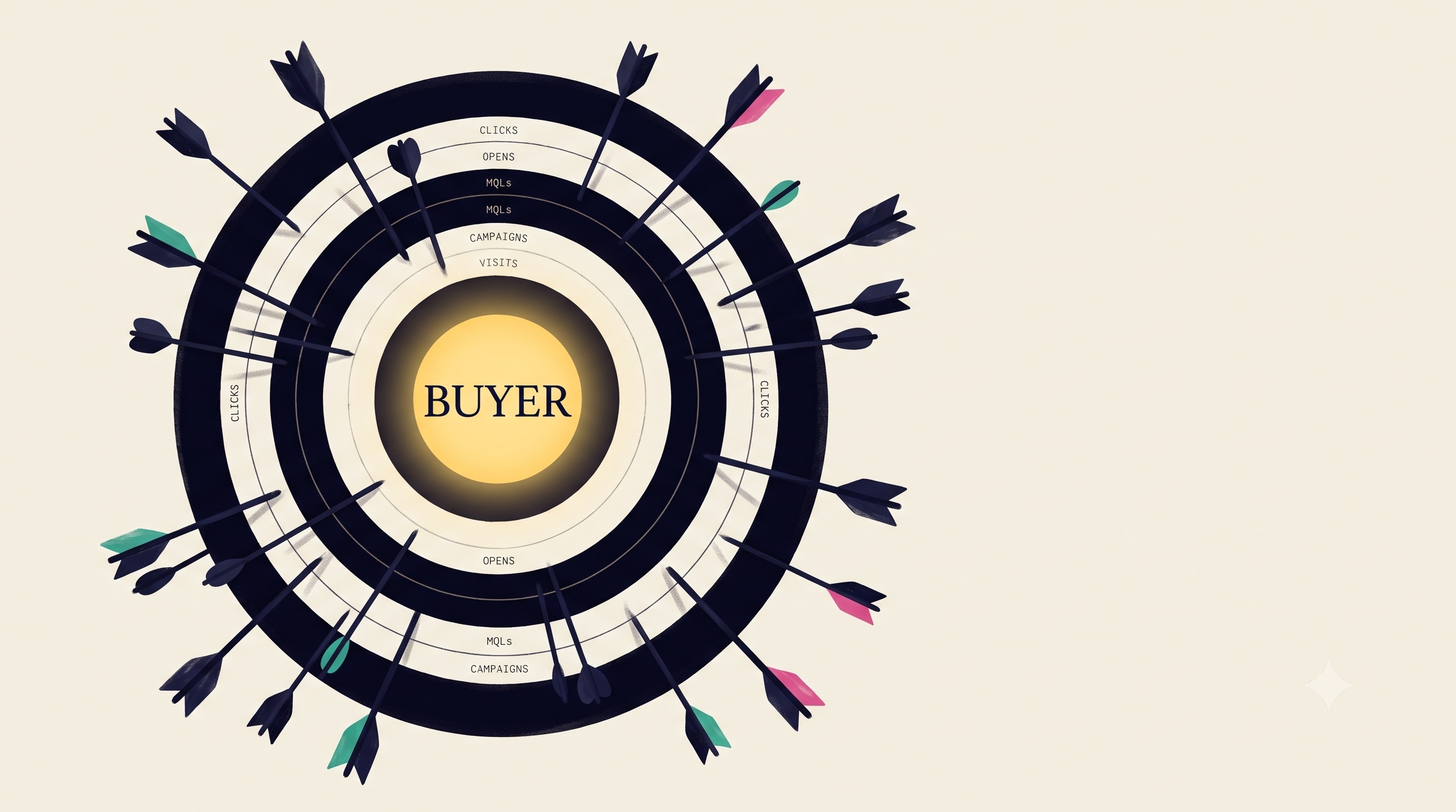 An archery target whose outer rings are crowded with arrows labeled with marketing activity metrics, while the center bullseye — the buyer — sits untouched.