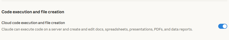Claude Desktop settings showing the code execution toggle enabled