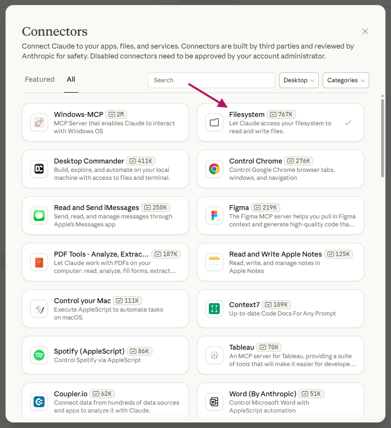 Claude Desktop extensions panel showing the Filesystem Extension