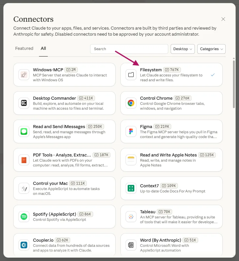 Claude Desktop extensions panel showing the Filesystem Extension