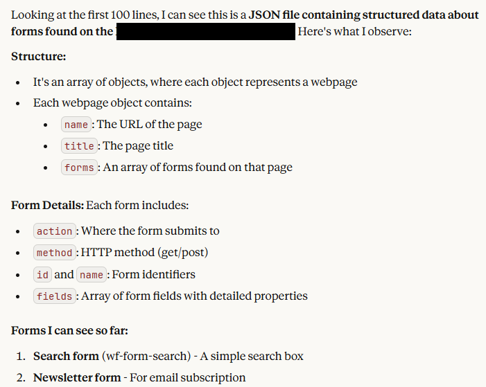 Claude Desktop analyzing a JSON file and summarizing its structure