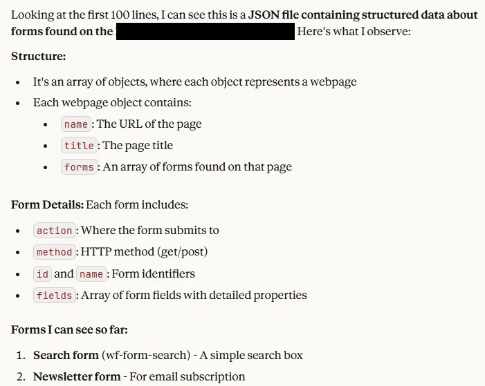 Claude Desktop analyzing a JSON file and summarizing its structure
