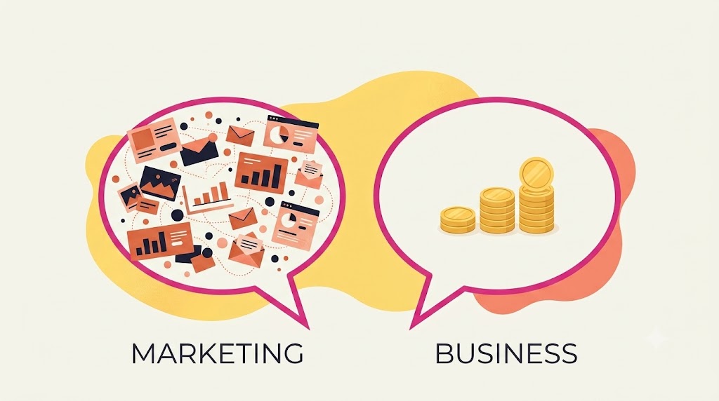 Two speech bubbles side by side — marketing's bubble crammed with campaign, email, and dashboard icons, the business's bubble holding a single growing stack of gold coins.