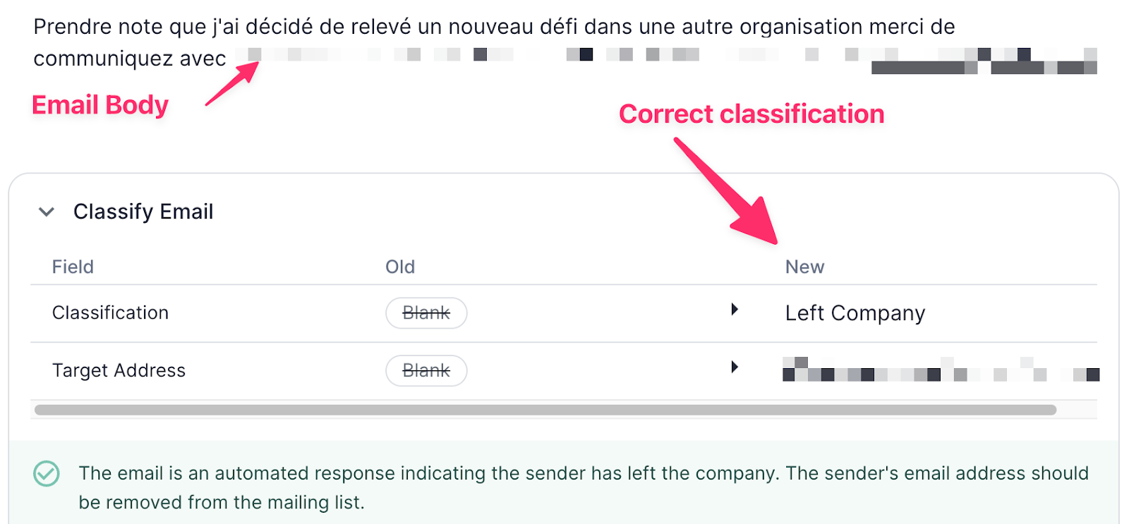 A screenshot of AI reasoning classifying an email response written in French
