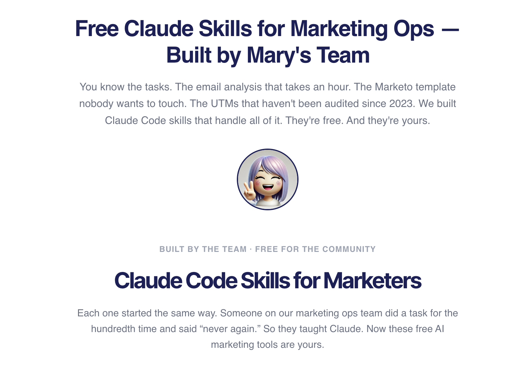 Free Claude skills for Marketing Ops — built by Mary's team, free for the community.