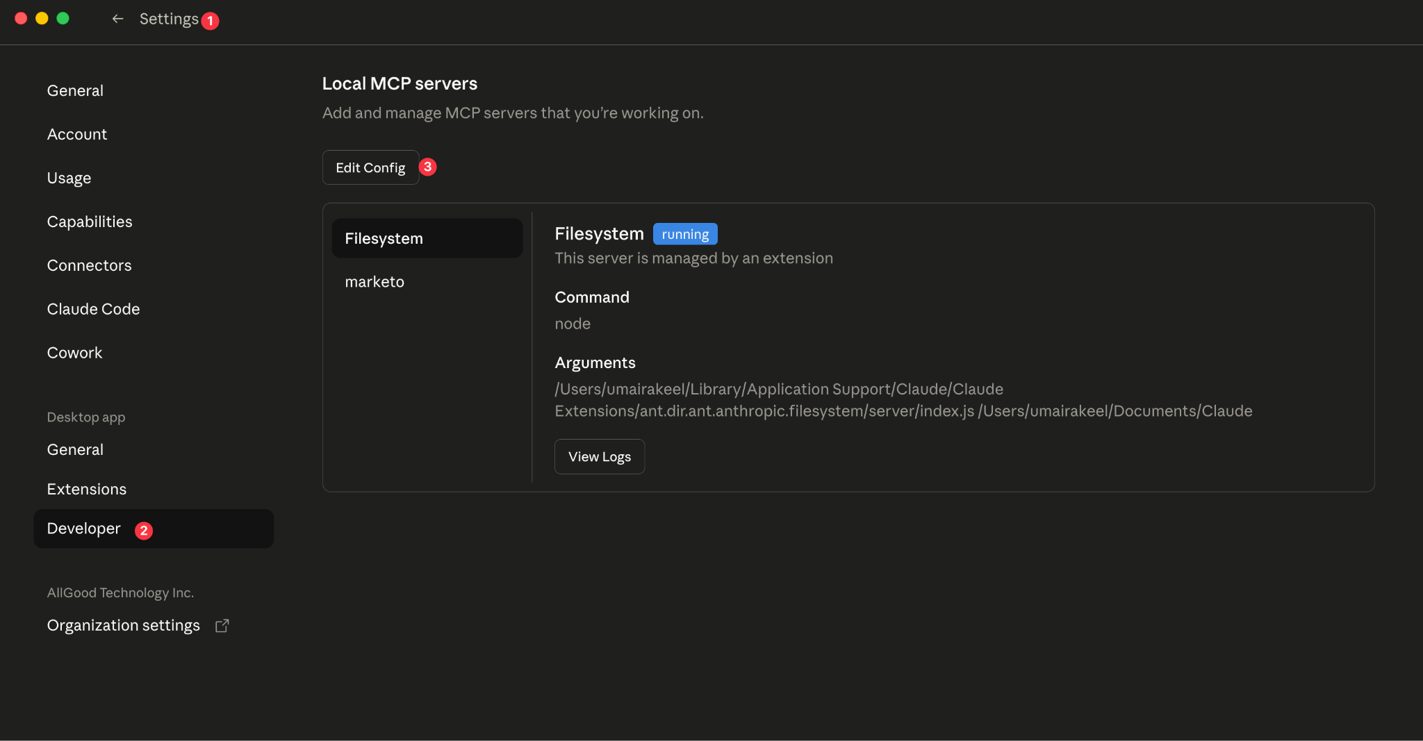 The Developer tab shows your MCP servers and the Edit Config button opens the config folder directly.