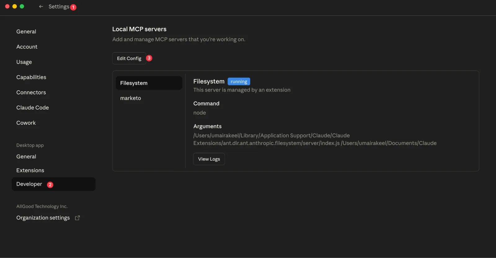 The Developer tab shows your MCP servers and the Edit Config button opens the config folder directly.