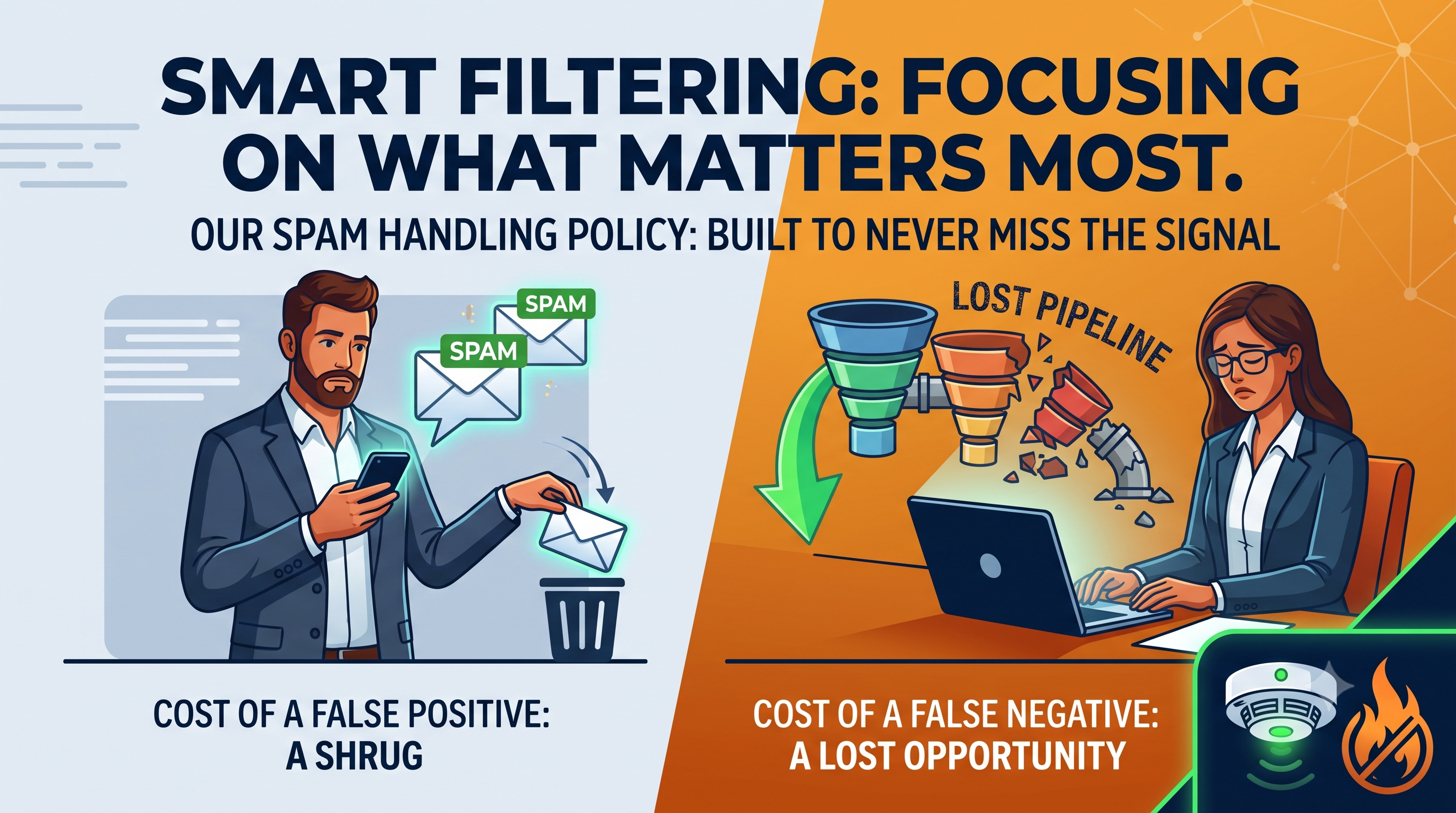 Split illustration contrasting the cost of a false positive — a salesperson shrugging at an obvious spam email — against the cost of a false negative — a rep watching real pipeline drain away through a broken funnel, with a smoke detector motif.